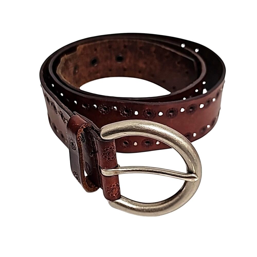 Unisex Silver Studded Brown Leather Belt Silver Buckle Fits Waist Size 36" - 40"